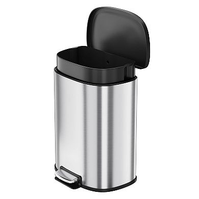 D-Shape Stainless Steel Trash Can, 13 Gallon Hands-Free with Soft-Close Lid & Foot Pedal