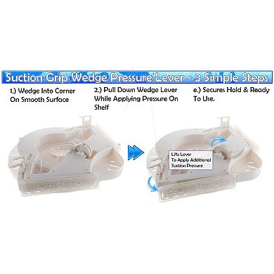 Rotating Corner Shower Shelf Suction Grip Wedge, 360° Spin, Drainage Holes & Hooks