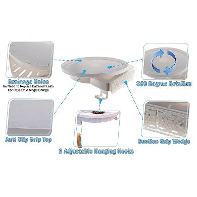 Rotating Corner Shower Shelf Suction Grip Wedge, 360° Spin, Drainage Holes & Hooks