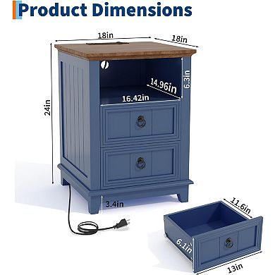 18" Wood Nightstand with USB Charging Station Fluted Night Stand Cabinet Bedside End Table 1PC