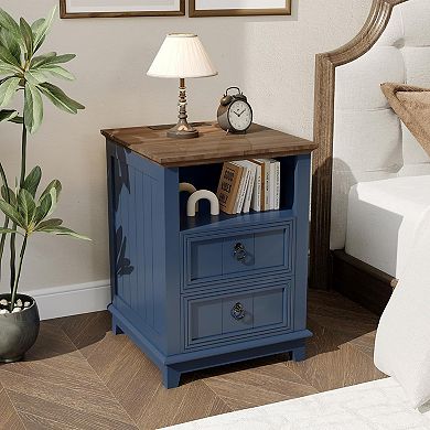 18" Wood Nightstand with USB Charging Station Fluted Night Stand Cabinet Bedside End Table 1PC