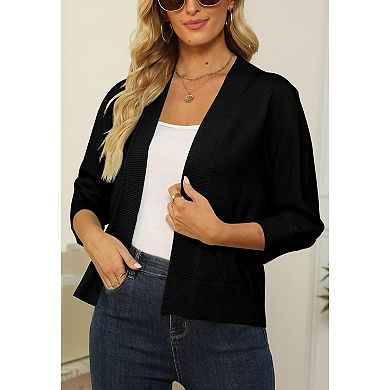 Women's 3/4 Sleeve Cropped Cardigan Lightweight Knit Open Front Shrug