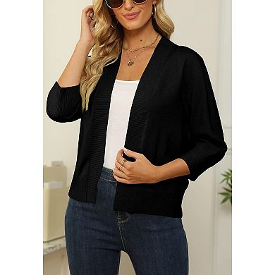 Women's 3/4 Sleeve Cropped Cardigan Lightweight Knit Open Front Shrug