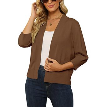 Women's 3/4 Sleeve Cropped Cardigan Lightweight Knit Open Front Shrug