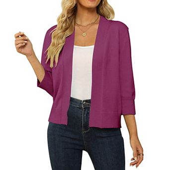 Women's 3/4 Sleeve Cropped Cardigan Lightweight Knit Open Front Shrug