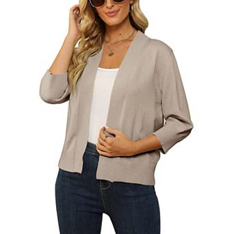 Women's 3/4 Sleeve Cropped Cardigan Lightweight Knit Open Front Shrug