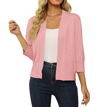 Women's 3/4 Sleeve Cropped Cardigan Lightweight Knit Open Front Shrug