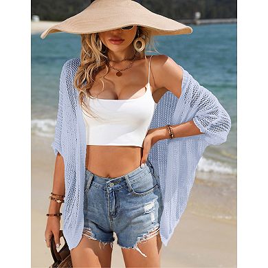 Womens Short Sleeve Mesh Cardigan Drop Shoulder Cardigan Sweater Lightweight Beach Cover Up