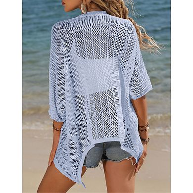 Womens Short Sleeve Mesh Cardigan Drop Shoulder Cardigan Sweater Lightweight Beach Cover Up