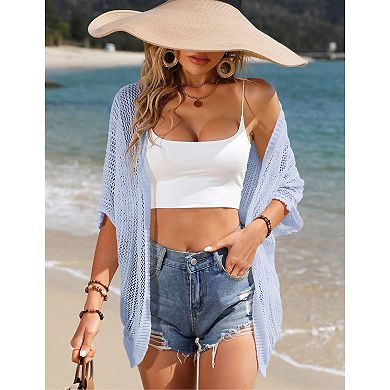 Womens Short Sleeve Mesh Cardigan Drop Shoulder Cardigan Sweater Lightweight Beach Cover Up