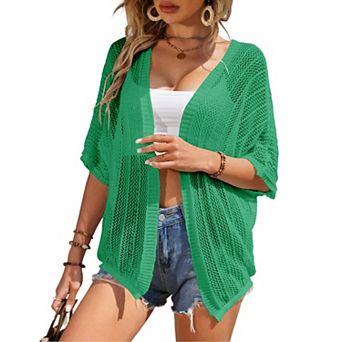 Womens Short Sleeve Mesh Cardigan Drop Shoulder Cardigan Sweater Lightweight Beach Cover Up