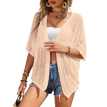 Womens Short Sleeve Mesh Cardigan Drop Shoulder Cardigan Sweater Lightweight Beach Cover Up