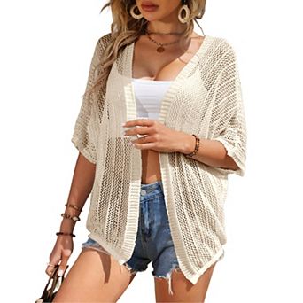 Womens Short Sleeve Mesh Cardigan Drop Shoulder Cardigan Sweater Lightweight Beach Cover Up