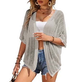 Womens Short Sleeve Mesh Cardigan Drop Shoulder Cardigan Sweater Lightweight Beach Cover Up