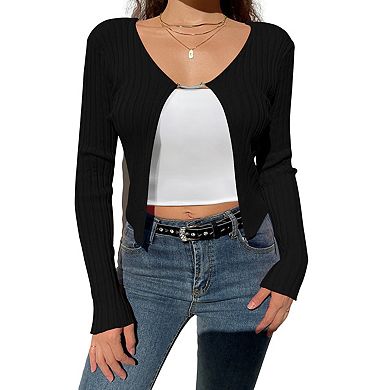 Women's Crop Top Open Front Long Sleeve Rib Knit Shrug Sweaters Cardigan