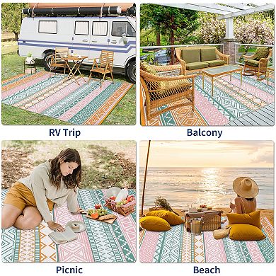 Boho Washable Outdoor Area Rug Stain Resistant Waterproof Reversible Mat for Balcony Garden Picnic