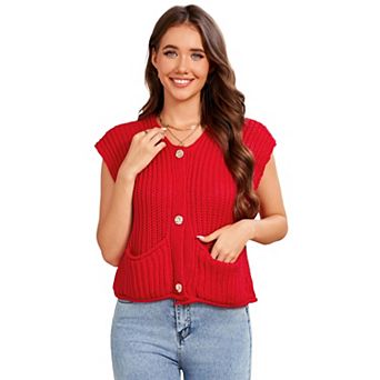 Women Vest Top Cropped Chunky Knit Cardigan Button Down Crochet Sweater Vest with Pockets Black