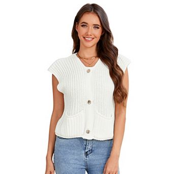 Women Vest Top Cropped Chunky Knit Cardigan Button Down Crochet Sweater Vest with Pockets Black