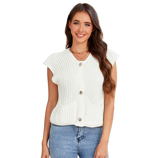 Women Vest Top Cropped Chunky Knit Cardigan Button Down Crochet