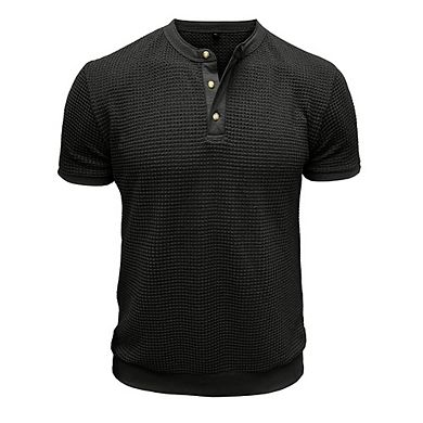 Men's Casual Knit Henley Shirt Textured Short Sleeve Button Neck T-Shirt Pullover Versatile Top
