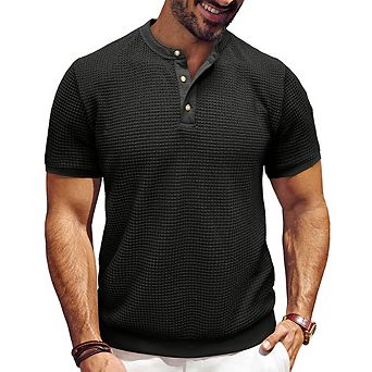 Men's Casual Knit Henley Shirt Textured Short Sleeve Button Neck T-Shirt Pullover Versatile Top