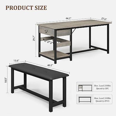 Dining Table Set for 4: Space-Saving Table, PU Leather Benches, Drawers & Wine Rack
