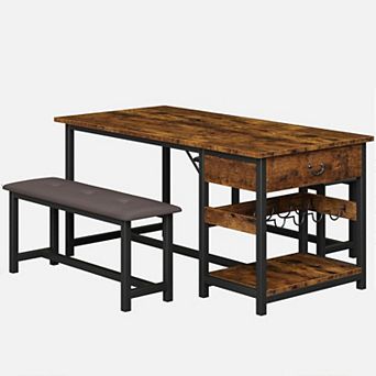 Dining Table Set for 4: Space-Saving Table, PU Leather Benches, Drawers & Wine Rack