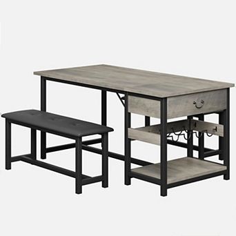 Dining Table Set for 4: Space-Saving Table, PU Leather Benches, Drawers & Wine Rack
