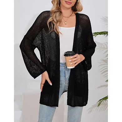 Women's Crochet Cardigan Light Weight Long Sleeve Open Front Hollow Out Cardigan