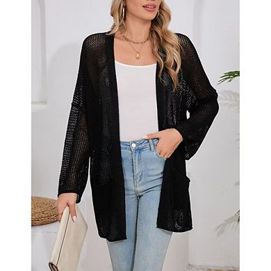 Women's Crochet Cardigan Light Weight Long Sleeve Open Front Hollow Out Cardigan