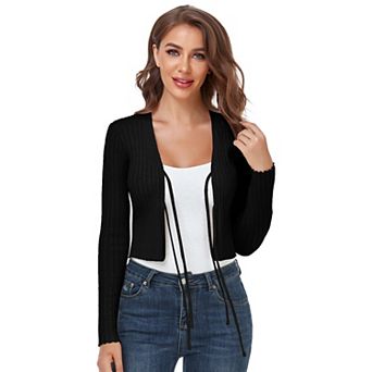 Womens Tie Front Cardigan Sweater Long Sleeve Crop Open Front Cardigan Ribbed Knit Crop Sweater