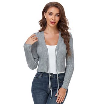 Womens Tie Front Cardigan Sweater Long Sleeve Crop Open Front Cardigan Ribbed Knit Crop Sweater