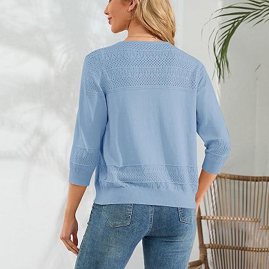 Women's 3/4 Sleeve Sweater Shrugs Crochet Cropped Sweater Cardigan Button Down Ribbed Cuff Sweater