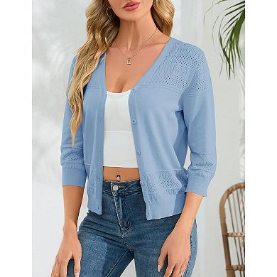 Women's 3/4 Sleeve Sweater Shrugs Crochet Cropped Sweater Cardigan Button Down Ribbed Cuff Sweater