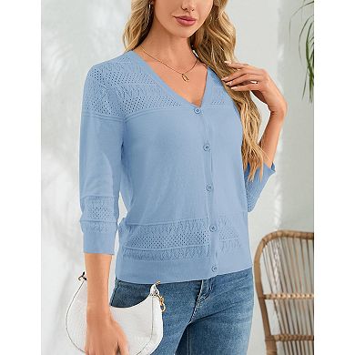 Women's 3/4 Sleeve Sweater Shrugs Crochet Cropped Sweater Cardigan Button Down Ribbed Cuff Sweater