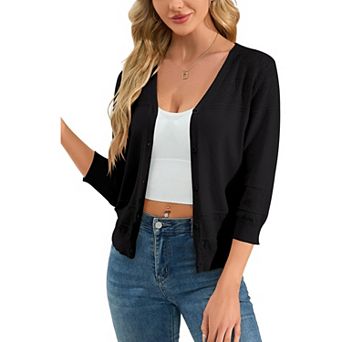 Women's 3/4 Sleeve Sweater Shrugs Crochet Cropped Sweater Cardigan Button Down Ribbed Cuff Sweater