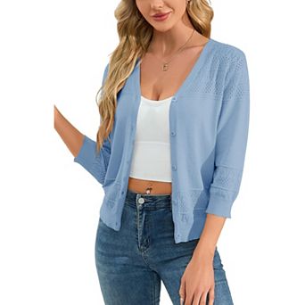 Women's 3/4 Sleeve Sweater Shrugs Crochet Cropped Sweater Cardigan Button Down Ribbed Cuff Sweater