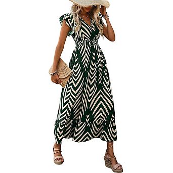 Women's Elegant Style Print Short Sleeve V-Neck Dress Slim Fit Waist Long Skirt for Office Date