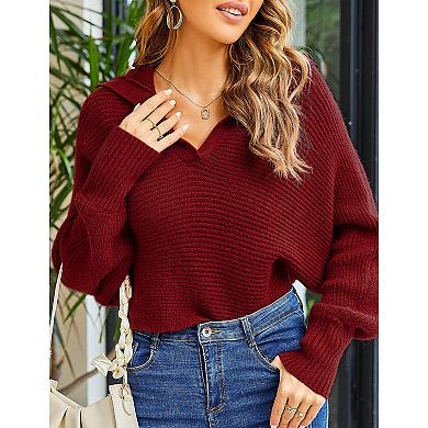 Women's Oversized Ribbed Knit Sweater V-Neck Long Sleeve Fall Top