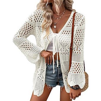 Women's Cardigan Tie Front Shrug Midweight Knit Hollow Out Long Sleeve Cardigan