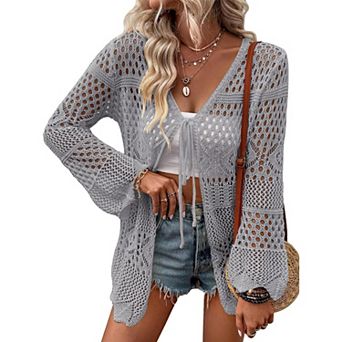 Women's Cardigan Tie Front Shrug Midweight Knit Hollow Out Long Sleeve Cardigan