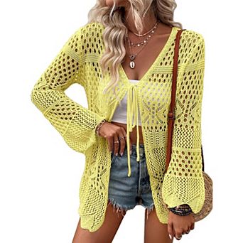 Women's Cardigan Tie Front Shrug Midweight Knit Hollow Out Long Sleeve Cardigan