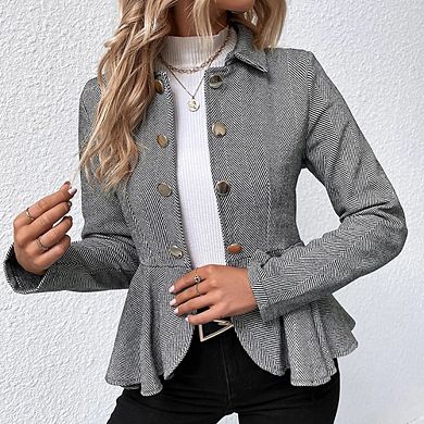 Women's Elegant Double-Breasted Blazer Notched Collar Jacquard Ruffle Slim Fit Office Work Jacket