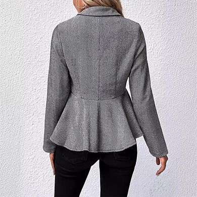Women's Elegant Double-Breasted Blazer Notched Collar Jacquard Ruffle Slim Fit Office Work Jacket