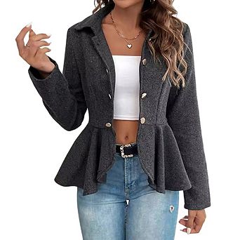 Women's Elegant Double-Breasted Blazer Notched Collar Jacquard Ruffle Slim Fit Office Work Jacket