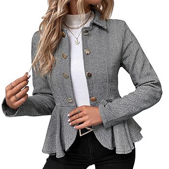 Women's Elegant Double-Breasted Blazer Notched Collar Jacquard Ruffle Slim Fit Office Work Jacket