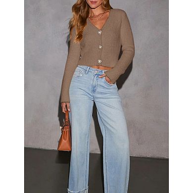 Women's Heart-Shaped Button Knit Cardigan V-Neck Long-Sleeve Cropped Sweater