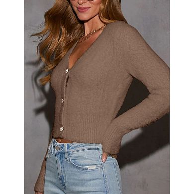Women's Heart-Shaped Button Knit Cardigan V-Neck Long-Sleeve Cropped Sweater