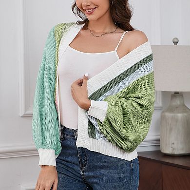 Women Cardigan Color Block Short Cardigan Without Button Open Front Cropped Long Sleeve Sweaters