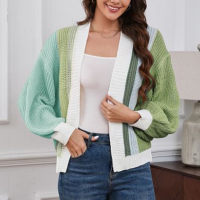 Women Cardigan Color Block Short Cardigan Without Button Open Front Cropped Long Sleeve Sweaters
